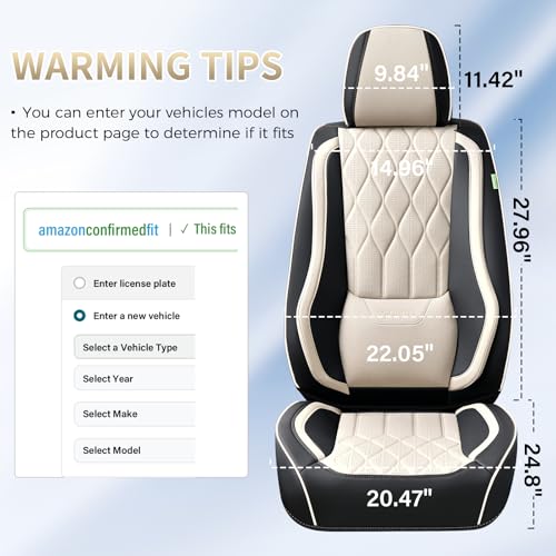 Leather Seat Cover Front Seats Automotive Car Seat Covers Front Seat Cover Waterproof Car Seat Protector with Lumbar Support 2 Pack Universal Fit for Most Cars Sedans Trucks SUV, Black&Beige