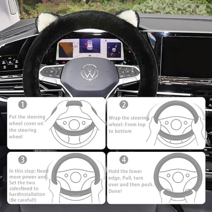Car Steering Wheel Cover, Cute Steering Wheel Protector with Kitty Cat Ears,Fluffy Soft Plush for Winter Warm, Universal Fit 15 inches for Car,SUV, Elastic & Anti-Slip (Black) - color: Black