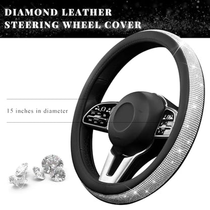 Diamond Leather Steering Wheel Cover, 15 Inch Bling Crystal Rhinestone Anti-Slip Wheel Protector, Universal Sparkling Elegant Diamond Steering Wheels Cover for Women Girl (White) - color: White