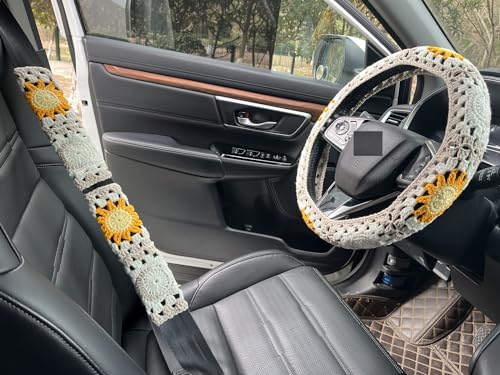 Handmade Crochet Sun Moon Car Steering Wheel Covers Universal 14-15 inch,Cute Steering Wheel Cover,Car Accessories (Steering Wheel Cover+2 Belt Cover) - color: Steering Wheel Cover+2 Belt Cover