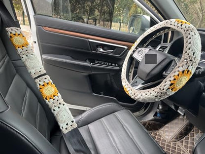 Handmade Crochet Sun Moon Car Steering Wheel Covers Universal 14-15 inch,Cute Steering Wheel Cover,Car Accessories (Steering Wheel Cover+2 Belt Cover) - color: Steering Wheel Cover+2 Belt Cover