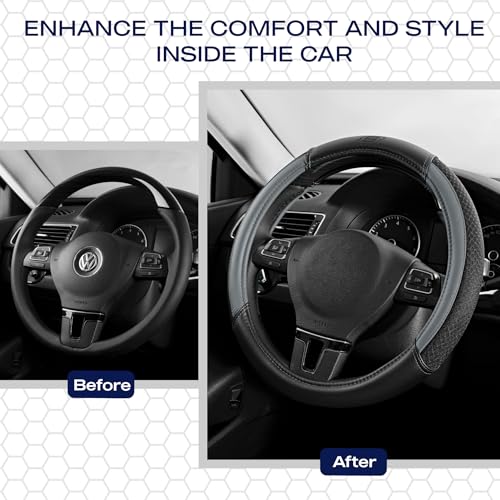 Skechers Air-Cooled Steering Wheel Cover,Leather Car Steering Wheel Cover Universal Fit 14" 1/2-15" Car Wheel Protector for Men Women Fit Suvs,Vans,Sedans,Car,Trucks,Gray - color: Grey