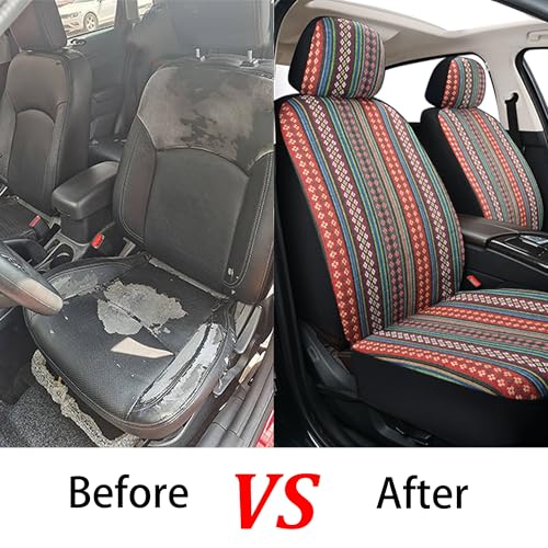 Baja Saddle Blanket Car Seat Covers, Boho Striped Woven Front Seat Protectors, Breathable & Washable Interior Covers, Universal Fit for Most Cars SUVs Trucks, Airbag Compatible, Flower, 8 pcs. - color: FLOWER&RED
