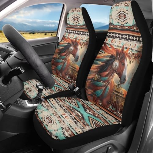 Bulopur Ethinc Horse Print Car Seat Cover Set of 2 Pack Navajo Aztec Automotive Seat Covers Front Seats Only Western Automotive Accessory for Men Car Decor - color: Ethinc Horse Print