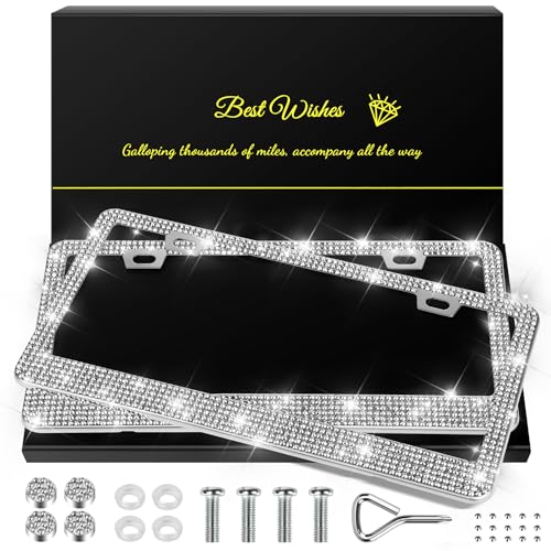 QUANQIUFEI 2 Pack Bling License Plate Frames for Women, Sparkly Rhinestone Diamond Car Accessories with Glitter Crystal Caps (Silver) - color: Silver