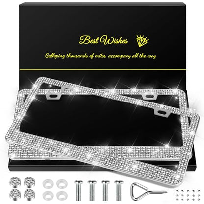 QUANQIUFEI 2 Pack Bling License Plate Frames for Women, Sparkly Rhinestone Diamond Car Accessories with Glitter Crystal Caps (Silver) - color: Silver