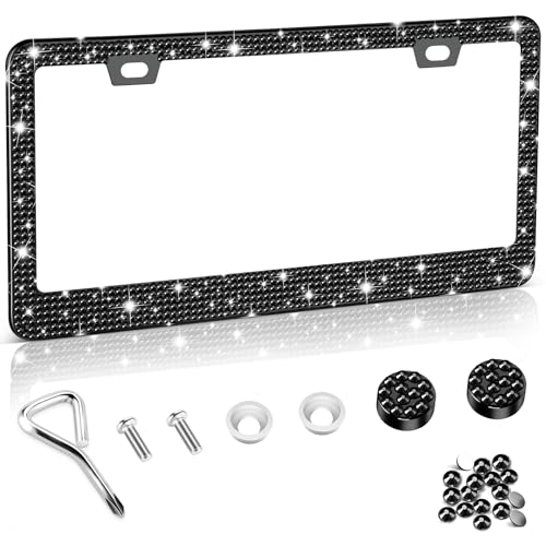 Amiss Bling License Plate Frame for Women, 1Pack Rhinestone Handcrafted Crystal Premium Stainless Steel, Stainless Steel Car Accessories with Diamond Sparkle Glitter Caps (Black) - color: Black, size: 1pc