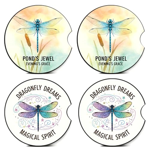 4PCS Dragonfly Car Coasters,Car Coasters for Cup Holder,Dragonfly Cars Accessories Interior Decor Universal Neoprene 2.75" Anti-Slip Rubber Mat with Finger Slot, Insect Gifts for Women,Men,Driver - color: Dragonfly Colorful