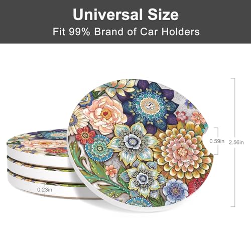 Car Cup Holder Coaster, Car Coasters for Cup Holders, 4 Pack Universal Anti Slip Insert Absorbent Ceramic Auto Interior Accessories with A Finger Notch & Cork Base, Mandala Flowers