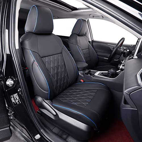 EKR Rav4 Seat Covers Custom Fit for Toyota Rav4(Gasoline) 2019 2020 2021 2022 2023 2024 2025 LE/XLE/XLE Premium/Limited,Leather Car Seat Cover Full Set for SUV,Faux Leather(Black with Blue Piping) - color: Black with Blue Trim, size: 2019-2025 (GAS)LE/XLE