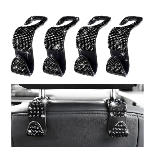 4 PCS Car Seat Headrest Hooks, Bling Crystal Rhinestone Back Seat Hanger Storage Organizer, Sparkly Seatback Holder Hooks for Purse and Bags Universal For Most Vehicles (Black) - color: Black