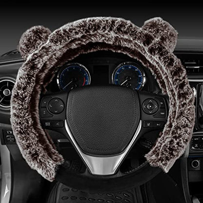 BDK Bear Fur Steering Wheel Cover, Plush Faux Fur Fuzzy Steering Cover for Car Truck Van SUV, Standard Size Fits Wheels 14.5-15 in Diameter, Brown with Ears - color: #13 Brown with Ears, size: Fits 14.5 - 15" SW