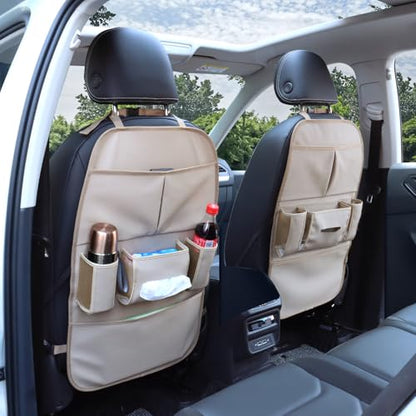 Car Backseat Organizer for Kids, Car Back Seat Storage Bag With 3 Pockets, 2 Drinks Holders, Water Resistant, Kids Toy Storage Kick Mat Back Seat Protector for Toddlers (Beige 1-Pack)