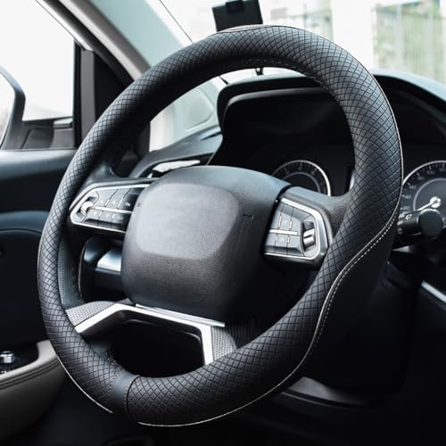 Rueesh Microfiber Leather Steering Wheel Cover Anti-Slip Matte Finish Auto Car Wheel Cover Universal 15 Inch Wheel Cover for Car Embossing Pattern (M (14.5"-15" Diameter), White Line) - color: White
