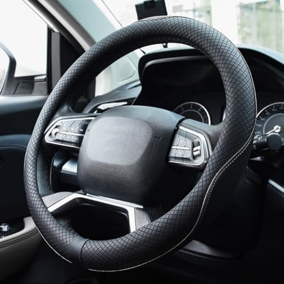 Rueesh Microfiber Leather Steering Wheel Cover Anti-Slip Matte Finish Auto Car Wheel Cover Universal 15 Inch Wheel Cover for Car Embossing Pattern (M (14.5"-15" Diameter), White Line) - color: White