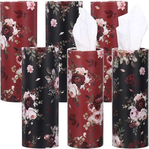 Ctosree 6pk 50 Sheets Car Tissues Holder with Facial Tissues 3-ply Travel Tissue Tubes Box Container Fit for Car Cup Holder Floral Cylinder, 7.1 Inch(Red,Black) - color: Red,Black