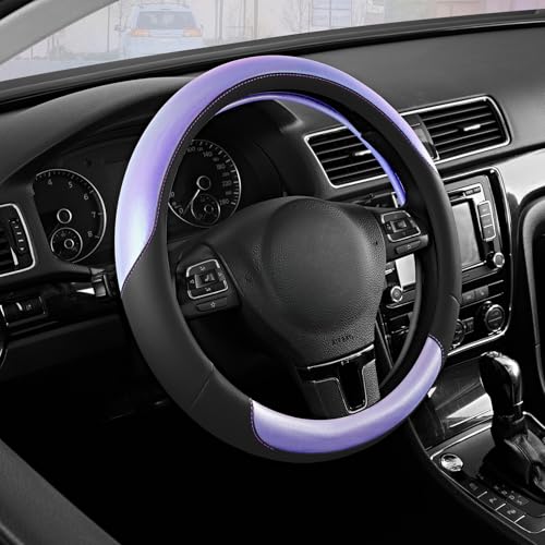 Road Comforts Steering Wheel Cover – Breathable Leather Steering Wheel Cover, Anti-Slip Grip, Universal Fit 14.5” to 15”, Heat & Cold Resistant for Cars, SUVs, and Trucks – Black & Shining Purple - color: Black&Purple