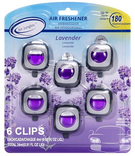 Air Jungles Lavender Scent Car Air Freshener Vent Clip, 6 Count Long Lasting Up to 180 days, Natural Essential Oil Car Fragrance for Women and Men, Odor Eliminator - 4ml Each - color: Lavender, size: 6 Count (Pack of 1)