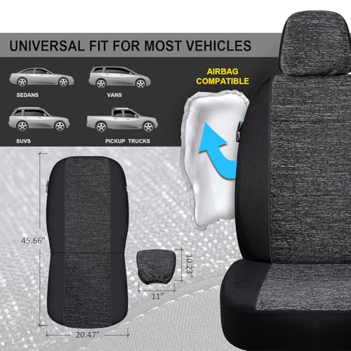2pcs Cloth Car Seat Covers Set Black - Low Back Front Seats Protectors with Airbag - Durable Auto Seat Cushions Universal Fit for Vehicles Cars SUV Trucks