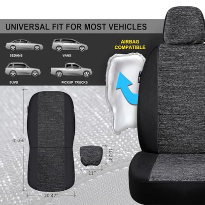 2pcs Cloth Car Seat Covers Set Black - Low Back Front Seats Protectors with Airbag - Durable Auto Seat Cushions Universal Fit for Vehicles Cars SUV Trucks