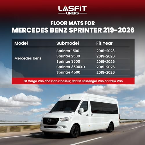 LASFIT Floor Mats for Mercedes Benz Sprinter 1500/2500/3500/4500 2019-2026 (Fit Cargo Van & Cab Chassis), All Weatehr TPE Floor Liners Custom Fit Sprinter 1st Row with Center Aisle Liner - size: 13)For Benz Sprinter|2019-2026|1st Row