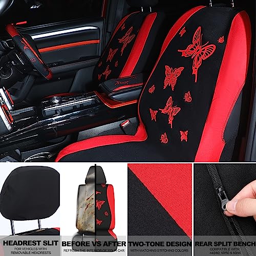 BBTO 43 Pcs Butterfly Car Seat Full Set Butterfly Car Accessories for Women 5 Front Rear Seat Covers Wrist Strap 2 Pcs Cup Mat Armrest Pad 2 Belt Xmas Cover Accessories for SUV(Red, Black)