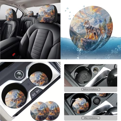 Wolf Printed 15 Pcs Car Interior Covers Set, Protective Car Seat Cover Set Front Rear Seat Covers Steering Wheel Cover Car Headrest Cover Seat Belt Covers Car Coaster - color: Brown-Wolf