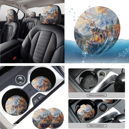 Wolf Printed 15 Pcs Car Interior Covers Set, Protective Car Seat Cover Set Front Rear Seat Covers Steering Wheel Cover Car Headrest Cover Seat Belt Covers Car Coaster - color: Brown-Wolf