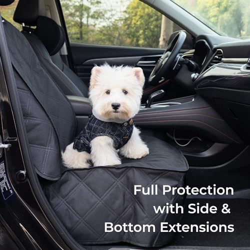 Front Seat Dog Cover for Car SUV Truck, Waterproof 600D Oxford Cloth Pet Seat Protector with Side Flaps, Durable Dog Seat Cover Front Passenger for Bucket Seat/Captain Chair, Full Protection (Black)