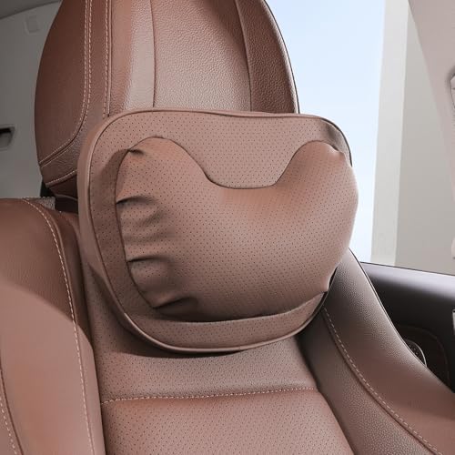 Car Neck Pillow [No More Pressure] Soft Comfortable Premium Leather Headrest with Adjustable Strap – Ergonomic Support for Driving, Office & Gaming, Brown, 1 Pack - color: Brown, size: Headrest-1P