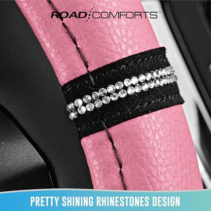 Road Comforts Leopard Steering Wheel Cover for Women, Cute Anti-Slip Microfiber Leather, Universal Fit 14.5-15 Inch Round Steering Wheel - Pink - color: Round Pink