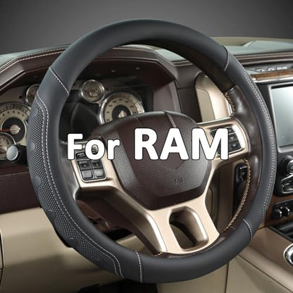 GIANT PANDA Car Steering Wheel Cover for RAM 1500 2500 3500, Compatible with Dodge RAM 15.5-16 inches - Black+Gray Line - color: A-Black+Gray Trim