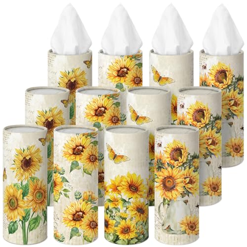 12 Pack Retro Sunflower Tissue Cylinder Holder Bulk with 3 Ply Facial Tissues Vintage Floral Round Napkin Holders Cylinder Colorful Travel Paper Tubes Bulk Napkin for Spring Travel Home Decor - style: Retro Sunflower