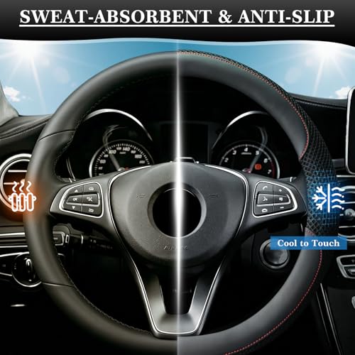 15 Inch Steering Wheel Cover, Cooling Ice Silk，Premium Microfiber Leather Hybrid Design, Anti-Slip Rubber Inner, Breathable, Universal Fit for 14.5-15" Auto Steering Wheels, Black