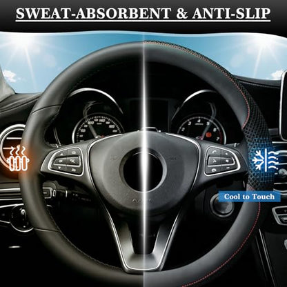 15 Inch Steering Wheel Cover, Cooling Ice Silk，Premium Microfiber Leather Hybrid Design, Anti-Slip Rubber Inner, Breathable, Universal Fit for 14.5-15" Auto Steering Wheels, Black