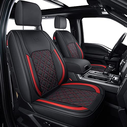 LUCKYMAN CLUB F150 Front-only Seat Covers J03-Q3 with Waterproof Faux Leather, Fit 2015-2025 Ford F150 and 2017-2025 F250 F350 F450 (Front only, Black-Red) - color: Black&Red, size: Front Pair