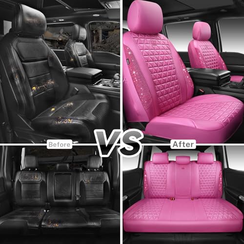 CAR PASS Hot Pink Bling Diamond Leather Car Seat Covers Full Sets, Waterproof Shining Glitter Sparkly Crystal Universal Armrest Fit for Automotive Truck SUV Cute Women Girl,Hot Pink Rhinestone - color: Pink Rhinestone-Hot, size: Full Set