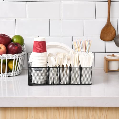 Paper Plate Organizer for Countertop, Metal Silverware Caddy with 6 Compartments for Cup, Napkin, Utensil Holder Caddy for Party, Camping, Picnic