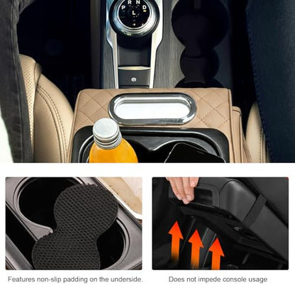 Car Center Console Armrest Pillow, Multifunctional Armrest Box Cover with Cup Phone Tissue Holder & Side Pockets, Waterproof Leather Middle Console Cushion for Most Vehicles (Beige, Embroidered) - color: Beige, size: Embroidered