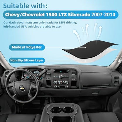 Dashboard Dash Cover Mat for 2007-2013 Chevy Chevrolet Silverado 1500 2500 3500 LTZ Polyester Custom Fit Silverado Dash Cover with Two Glove Boxes Black Trim (Silverado LTZ 2007-2014, Black) - size: Chevy Silverado LTZ 2007-2013