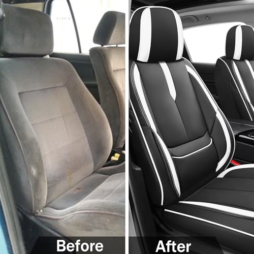 Front Seat Covers for Chevy Camaro 2010-2024, Leather Car Seat Protector, Bucket Seat Covers, Waterproof Car Seat Cushions, Stylish Full Coverage Car Seat Covers(Black/White,2 Seat)