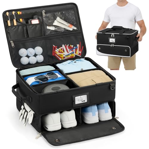 RAINSMORE Golf Trunk Organizer Golf Bag Organizers Golf Shoe Bag with Separate Ventilated Compartment for 2 Pair Shoes Golf Accessories for Balls, Gloves, Clothes - color: Black