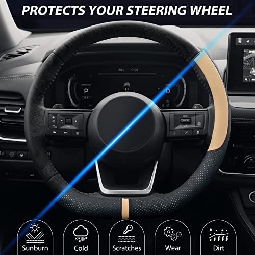 SEG Direct Flat Bottom Steering Wheel Cover Breathable, D Shaped Car Wheel Cover 14 1/2-15 in. (37-39 cm), Black Beige Microfiber Leather - color: 7. Beige, size: Standard size[14 1/2''-15'']