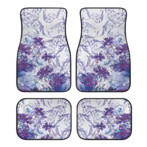 Purple Flowers Print Floral Car Floor Mats Suitable for Cars SUVs Trucks,All Weather Front & Rear Automotive Floor Mats,Universal Fit Design,4 Pieces - color: Purple Flowers