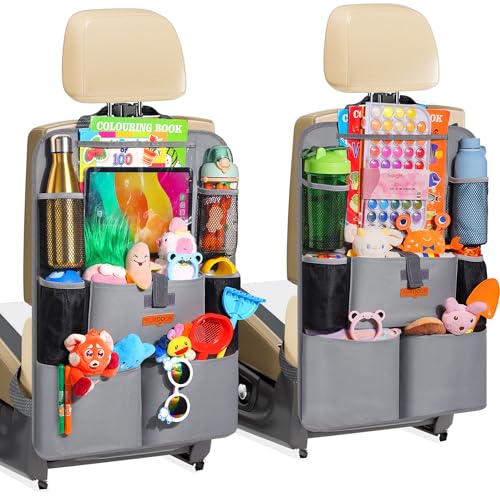 SURDOCA Upgraded Car Organizer with 11-inch Tablet Holder, 8 Pockets, Car Seat Protector for Road Trips - Car Storage and Organizers for Kids, Grey 2PC - color: Grey, size: 2pcs