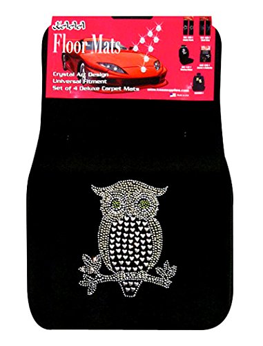 ALLBrand Universal Fit FrontRear 4 Piece Full Set Crystal Bling Rhinestone Design Studded Carpet Car SUV Truck Floor Mats Golden Owl Black KAM - color: Golden Owl-Black