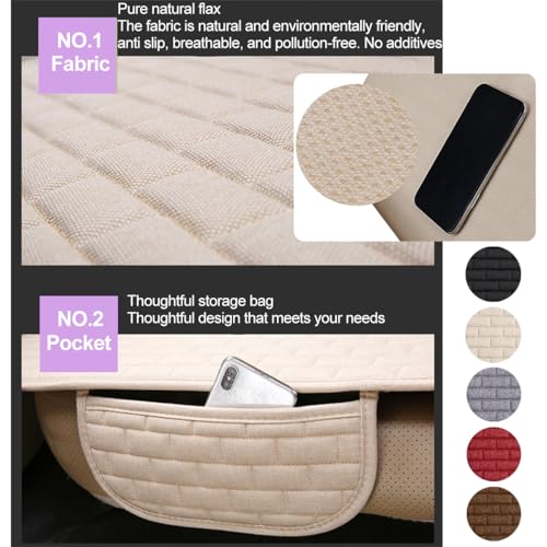 Car Front Bottom Seat Cover, 2PCS Anti Slip Comfortable Vehicle Front Cushion Protector with Storage Pocket, Breathable Linen Frontseat Pad Mat, Universal Automotive Accessories (Beige)