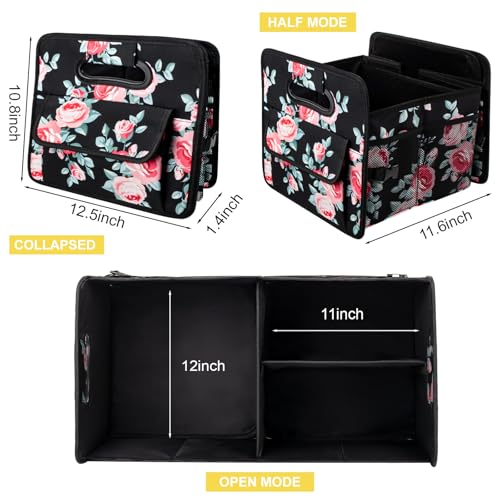 Car Trunk Organizers and Storage Collapsible Multi Compartment Container Box, Adjustable Car Accessories for SUV Sedan Truck, Standard Size, Black Floral - color: Black Floral, size: Standard