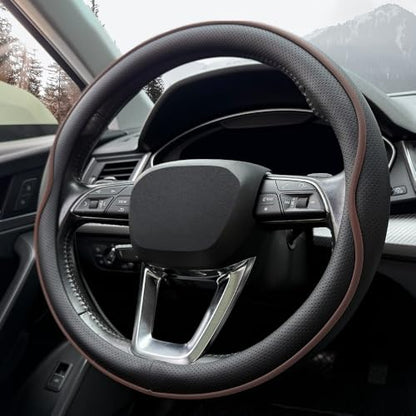 HAOTULE Leather Steering Wheel Cover， with Anti-Slip Stripe Design - Enhanced Grip, Fashion Style, Safe, Non-Slip, Breathable. Upgrade car Interior，Black Brown - color: Black Brown