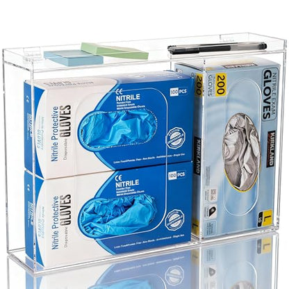 SEANADO Acrylic Disposable Glove Holder for Wall Mount or Tabletop , Clear Glove Box Organizer Rack Dispenser with Lid for Tissues, Beard Cover, Face Masks, Bags,Hairnet and Shoe Covers